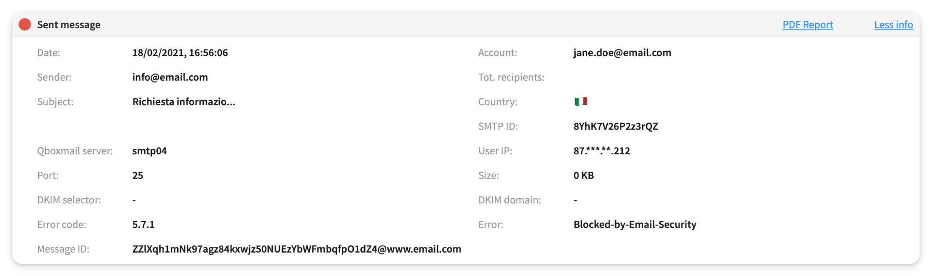 antispam sulle email inviate screenshot
